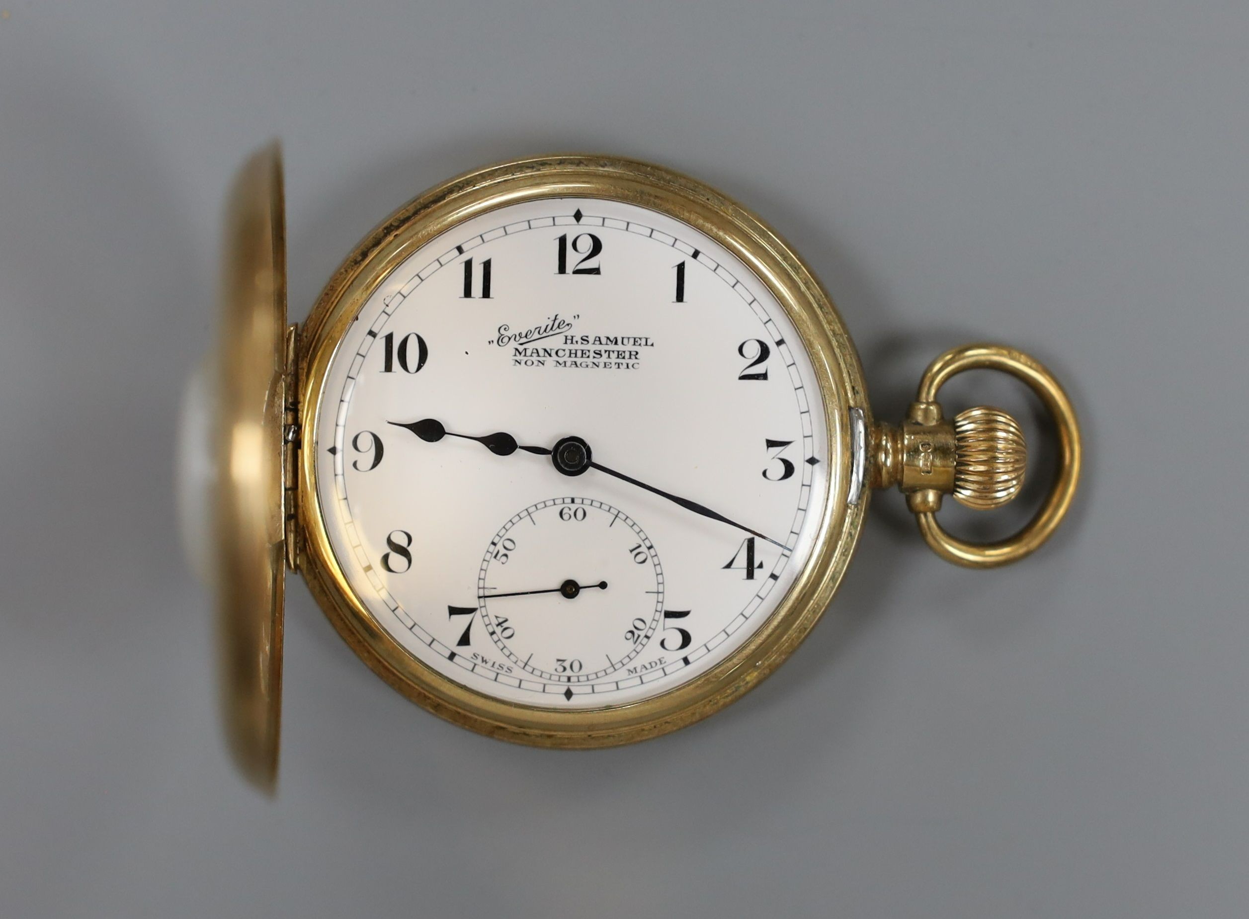 A George V 9ct gold half hunter keyless pocket watch by Samuel of Manchester, case diameter 49mm, gross weight 91.8 grams.